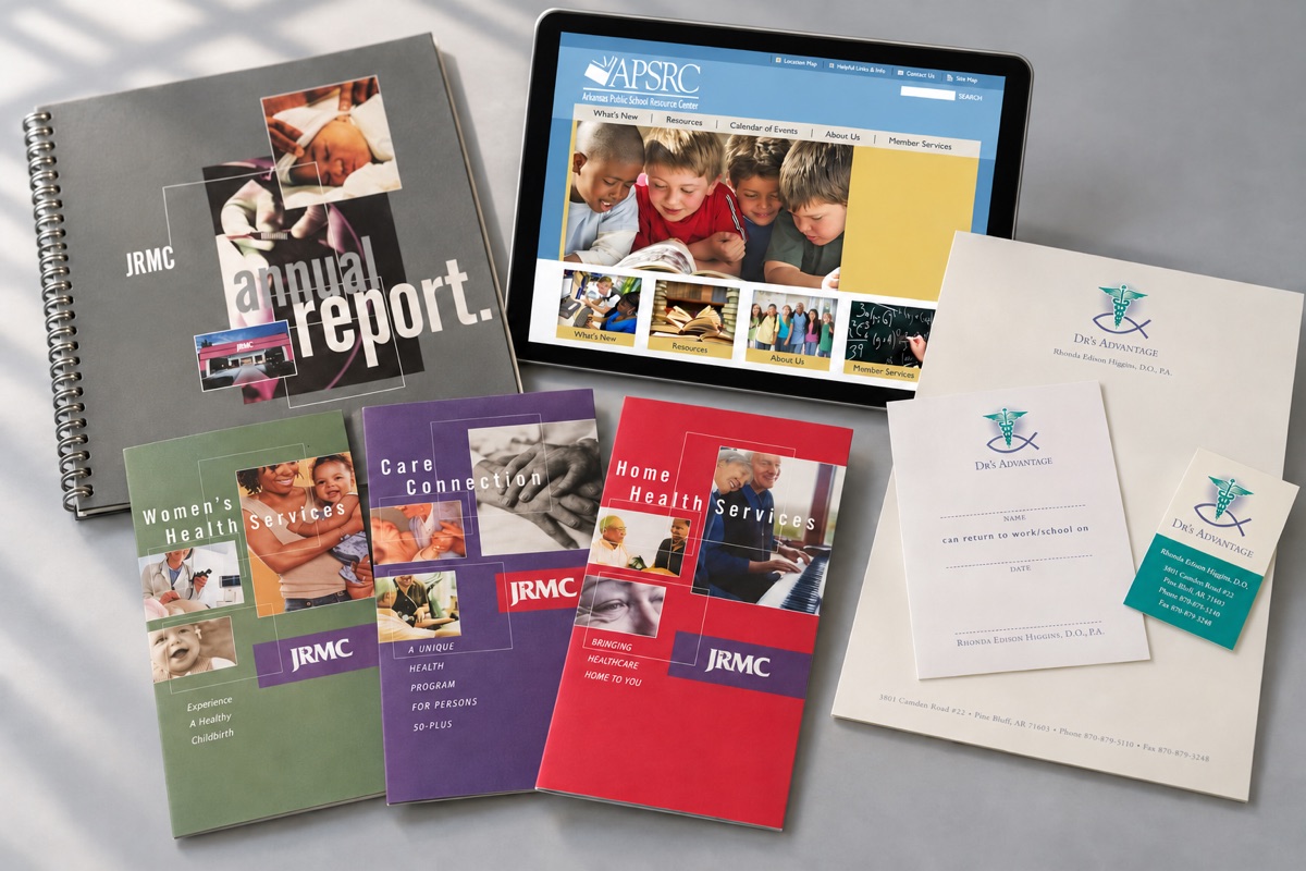 Portfolio collection featuring JRMC brochures and annual report, Dr’s Advantage stationery and an APSRC website design.