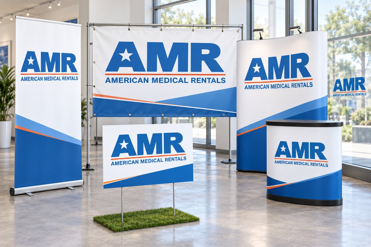 AMR American Medical Rentals branded banners, yard sign, trade-show display and window graphics — illustrative mockup.