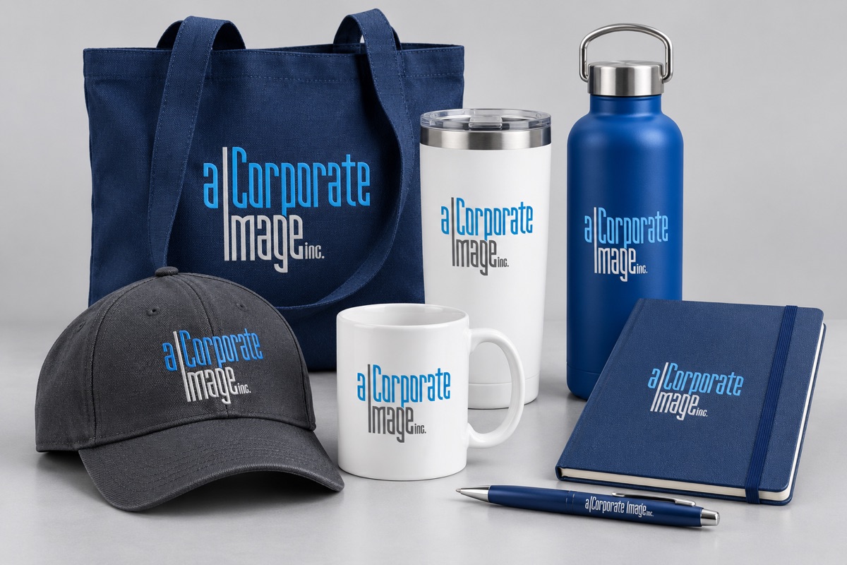 Promotional tote bag, drinkware, cap, notebook and pen branded with the A Corporate Image logo.
