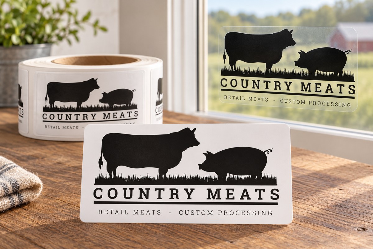 Country Meats branded white vinyl labels and clear window decal — illustrative product mockup.