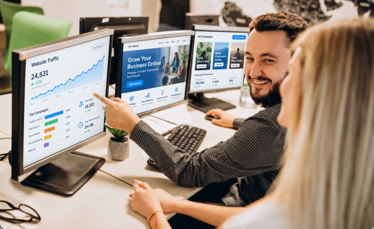Marketing team reviewing website analytics, a business website and digital advertising campaigns on three monitors.
