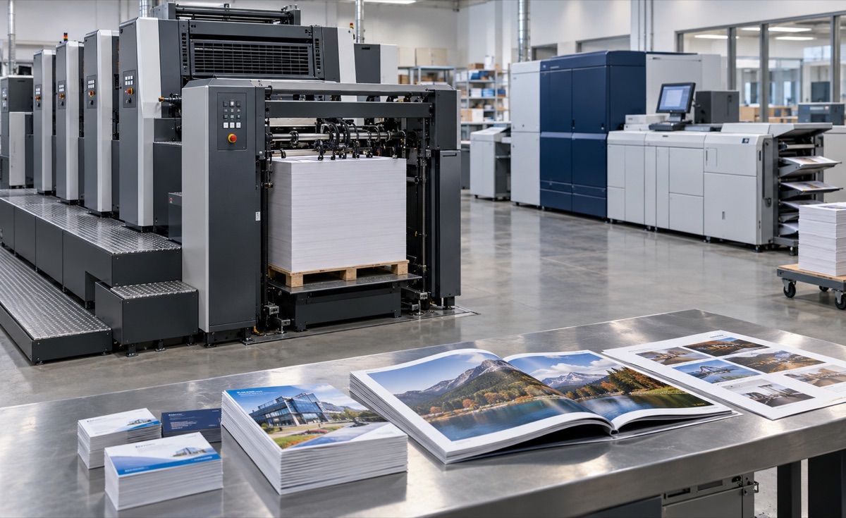 Commercial printing press and production digital press with printed brochures, business cards and booklets.