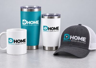 Representative DHOME branded coffee mugs, drink tumblers and trucker hats.