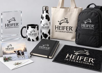 Representative Heifer International branded awards, bags, notebooks and cow-print drinkware.