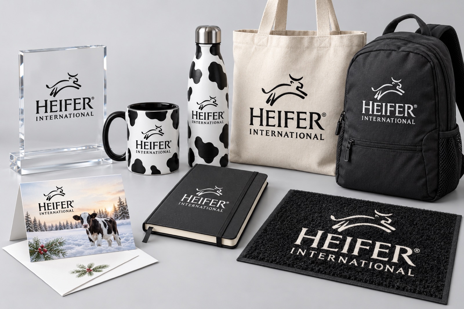 Representative Heifer International branded awards, bags, notebooks and cow-print drinkware.