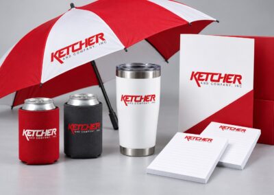 Representative Ketcher branded umbrella, drinkware, koozies, notepads and pocket folders.