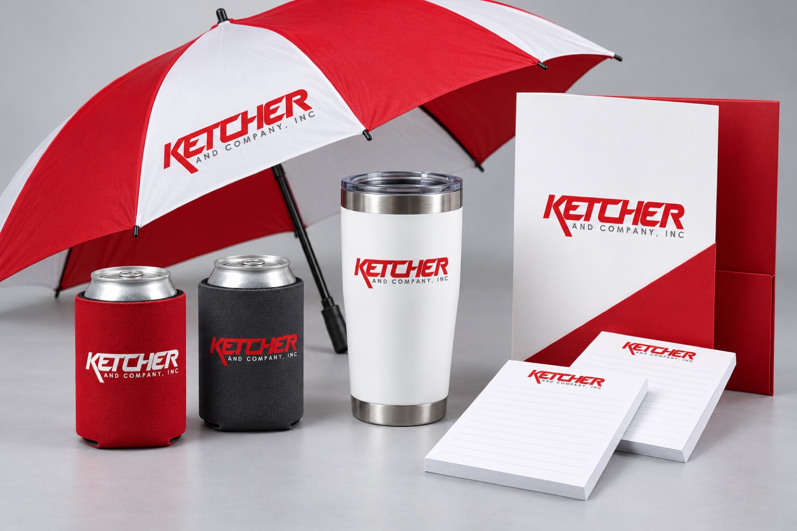 Representative Ketcher branded umbrella, drinkware, koozies, notepads and pocket folders.