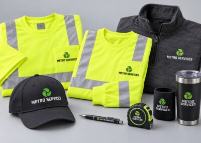 Representative Metro Services branded safety shirts, caps and quarter-zip pullovers.