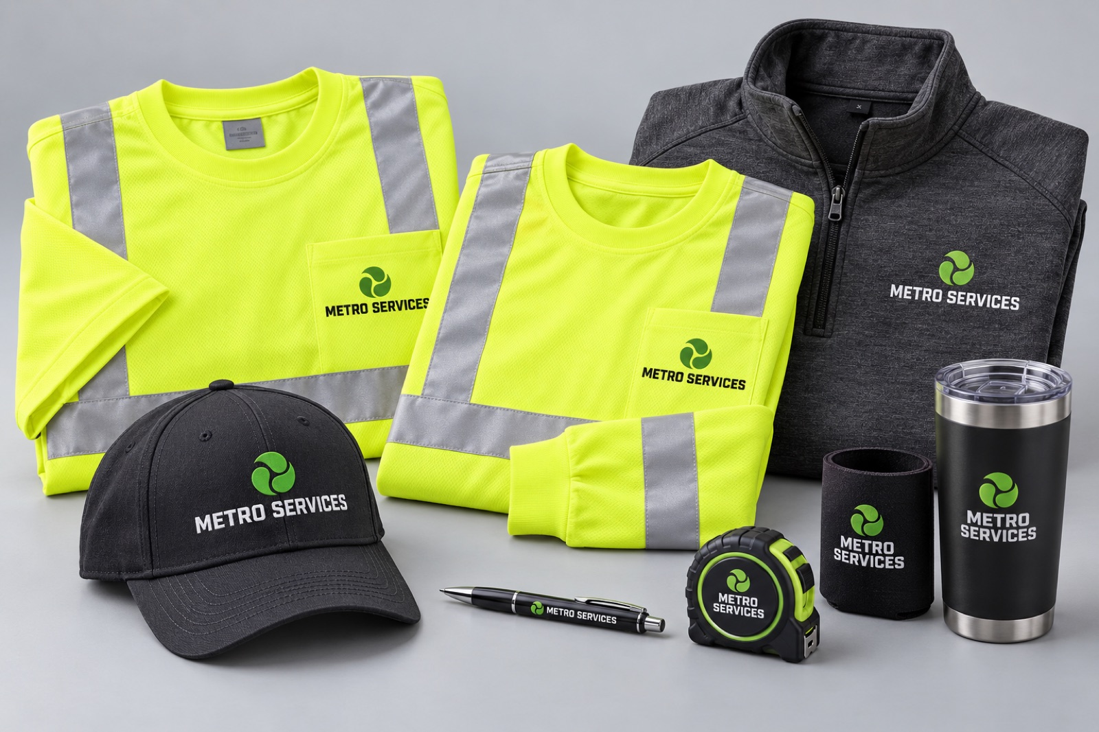 Representative Metro Services branded safety shirts, caps and quarter-zip pullovers.