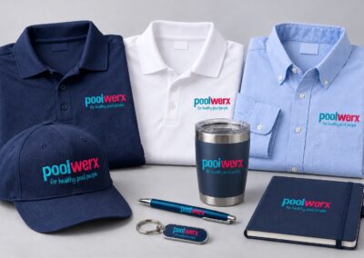 Representative Poolwerx branded polos, button-down shirts and five-panel caps.