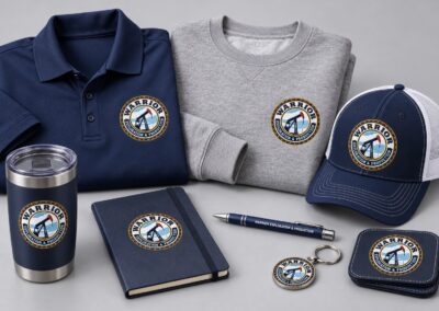 Representative Warrior branded polos, sweatshirts and ball caps.